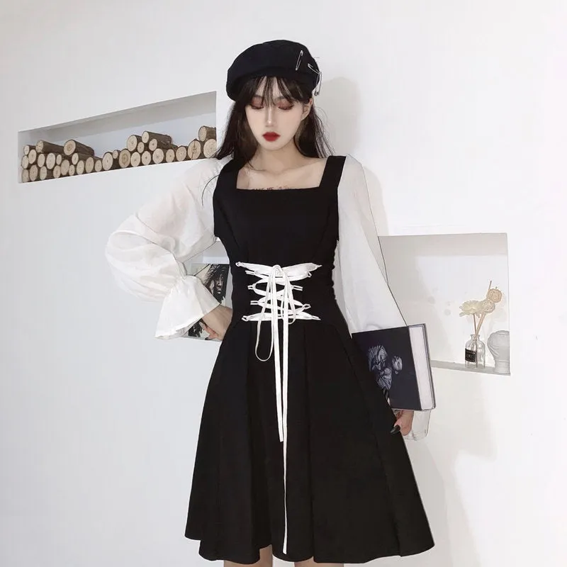 Lace-up black dress KF81975