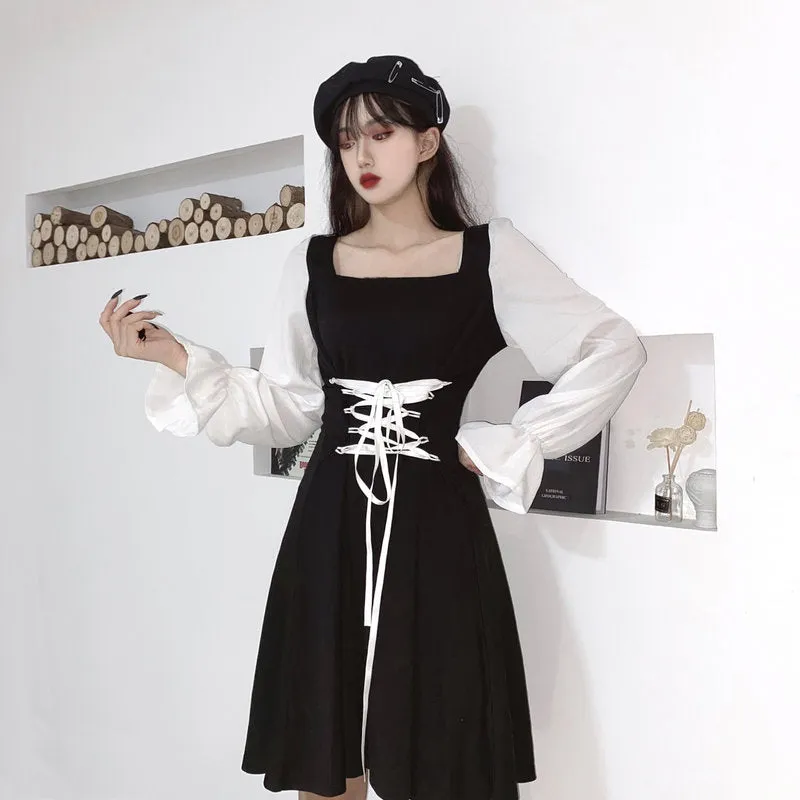 Lace-up black dress KF81975