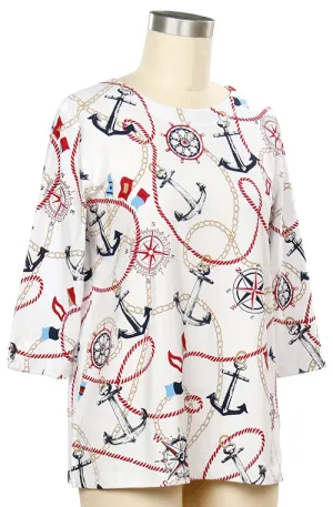 Ladies 3/4 Sleeve Screen Print Top - White/Red/Navy S1025 - 41B9