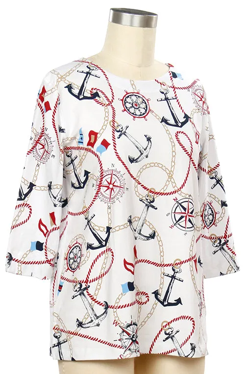 Ladies 3/4 Sleeve Screen Print Top - White/Red/Navy S1025 - 41B9