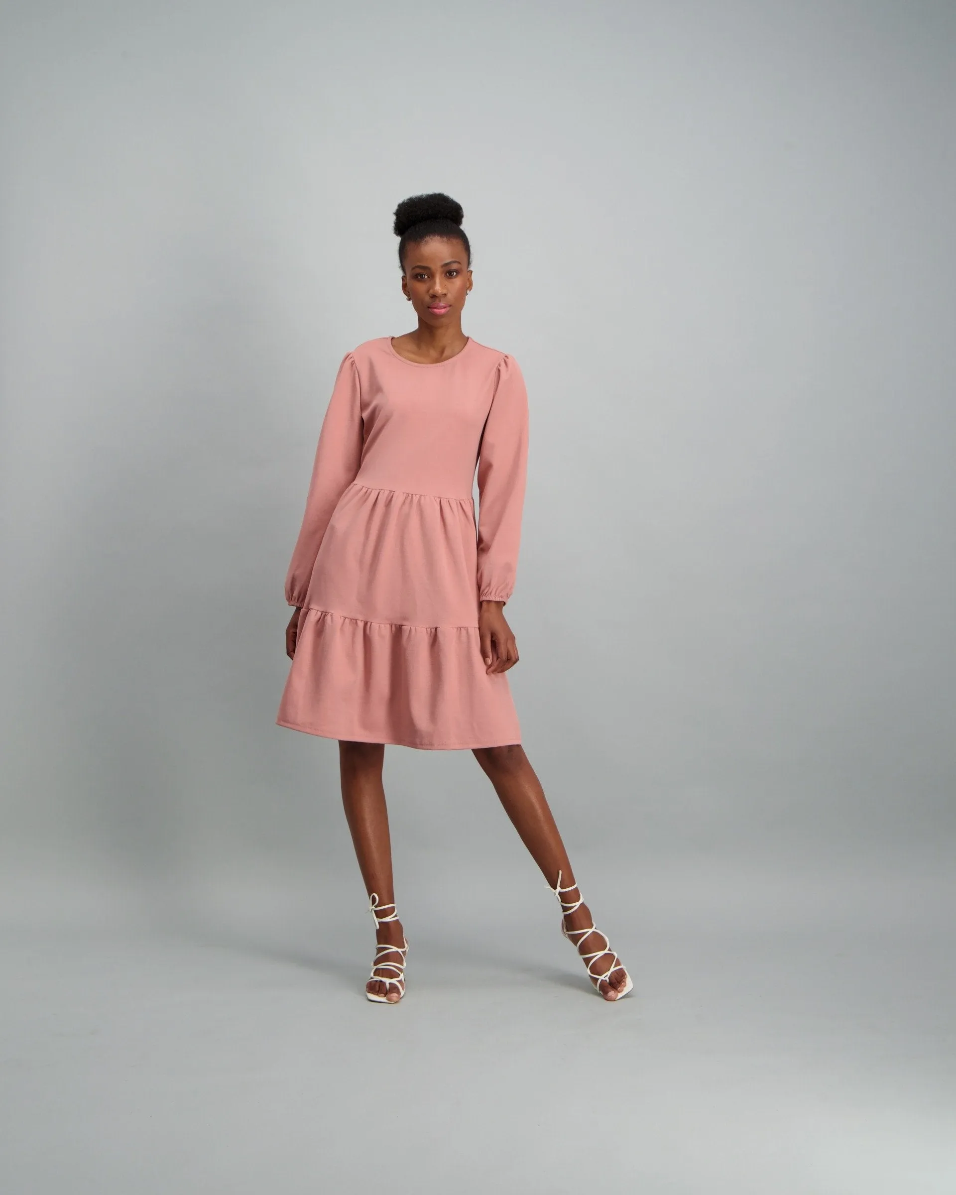 Ladies-Long Sleeve Tiered Dress - Light Pink