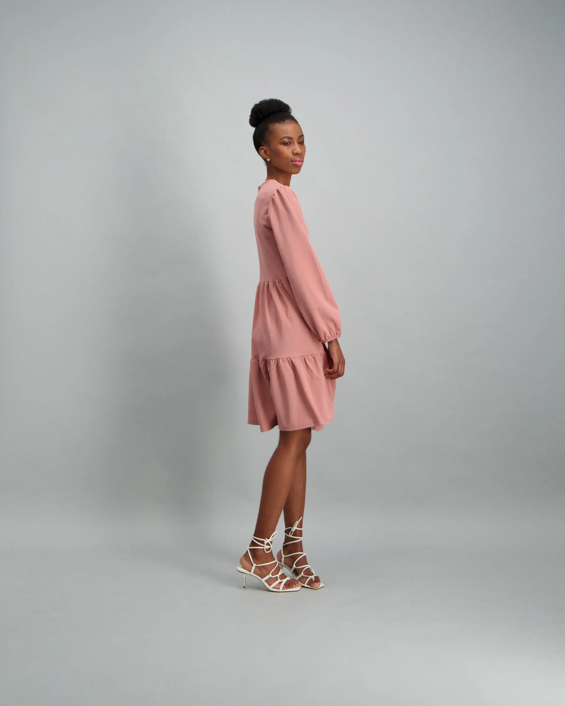 Ladies-Long Sleeve Tiered Dress - Light Pink
