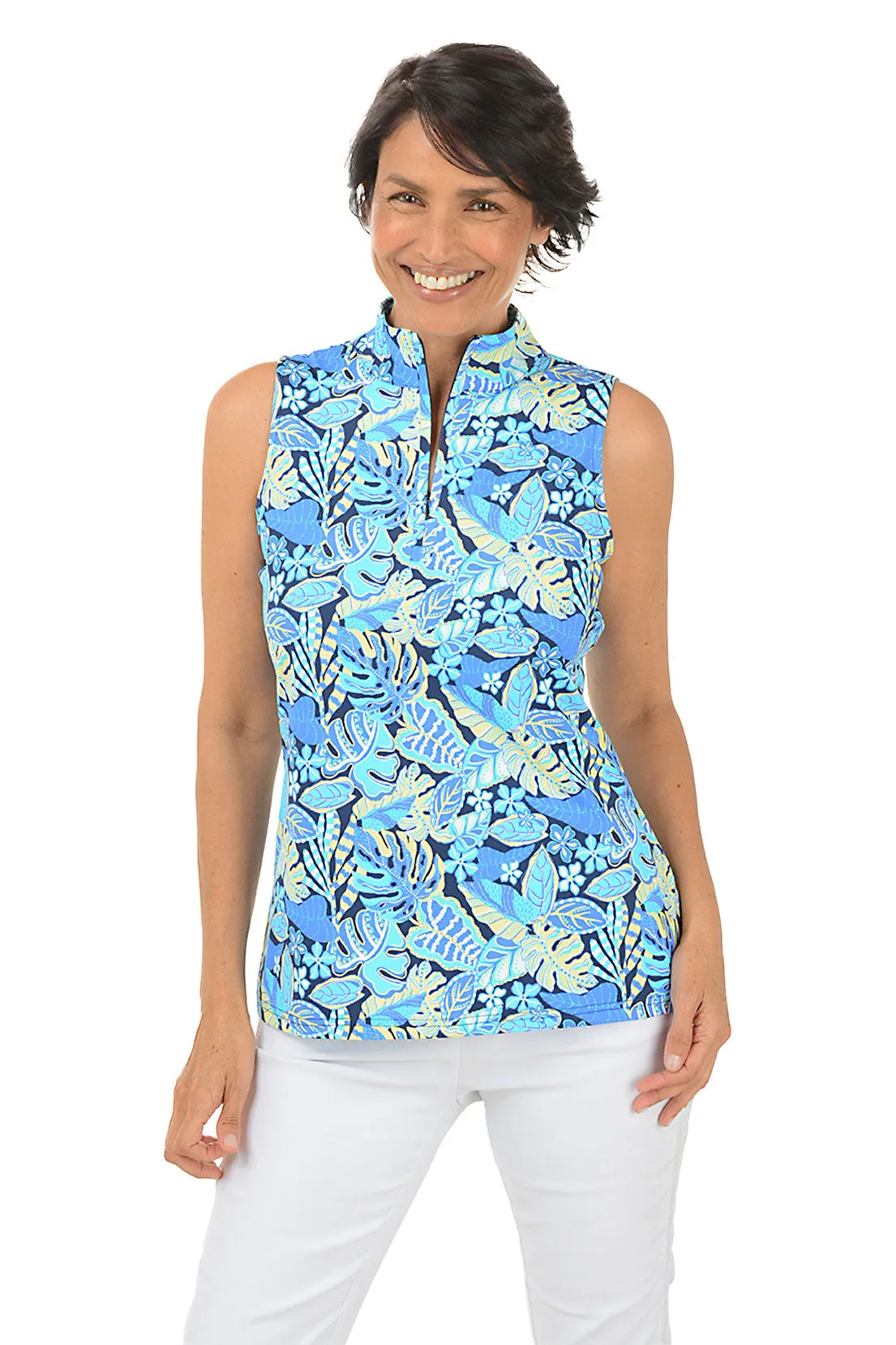 Leafy Tropics Cooling UPF50  Sleeveless Zip Top