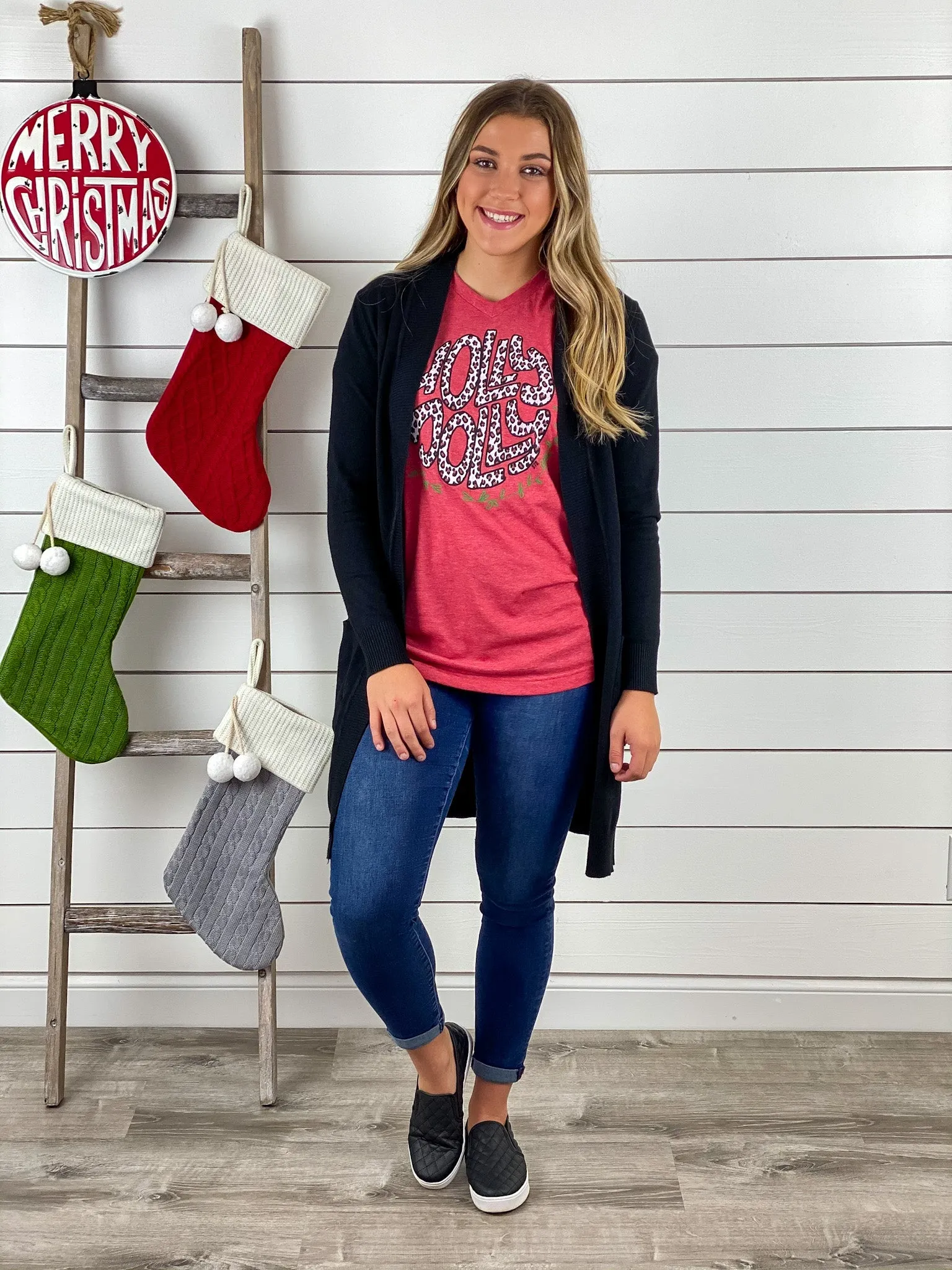 Leopard Holly Jolly V-Neck Graphic Tee
