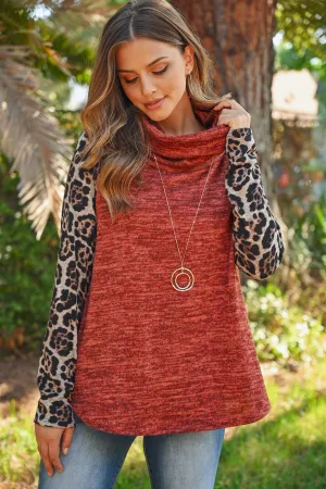 Leopard Sleeve Cowl Neck Two Tones Hacci Top