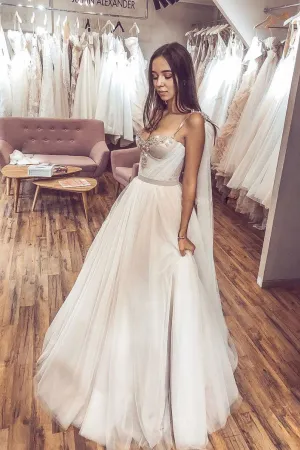 Light champagne sweetheart tulle long prom dress light evening dress