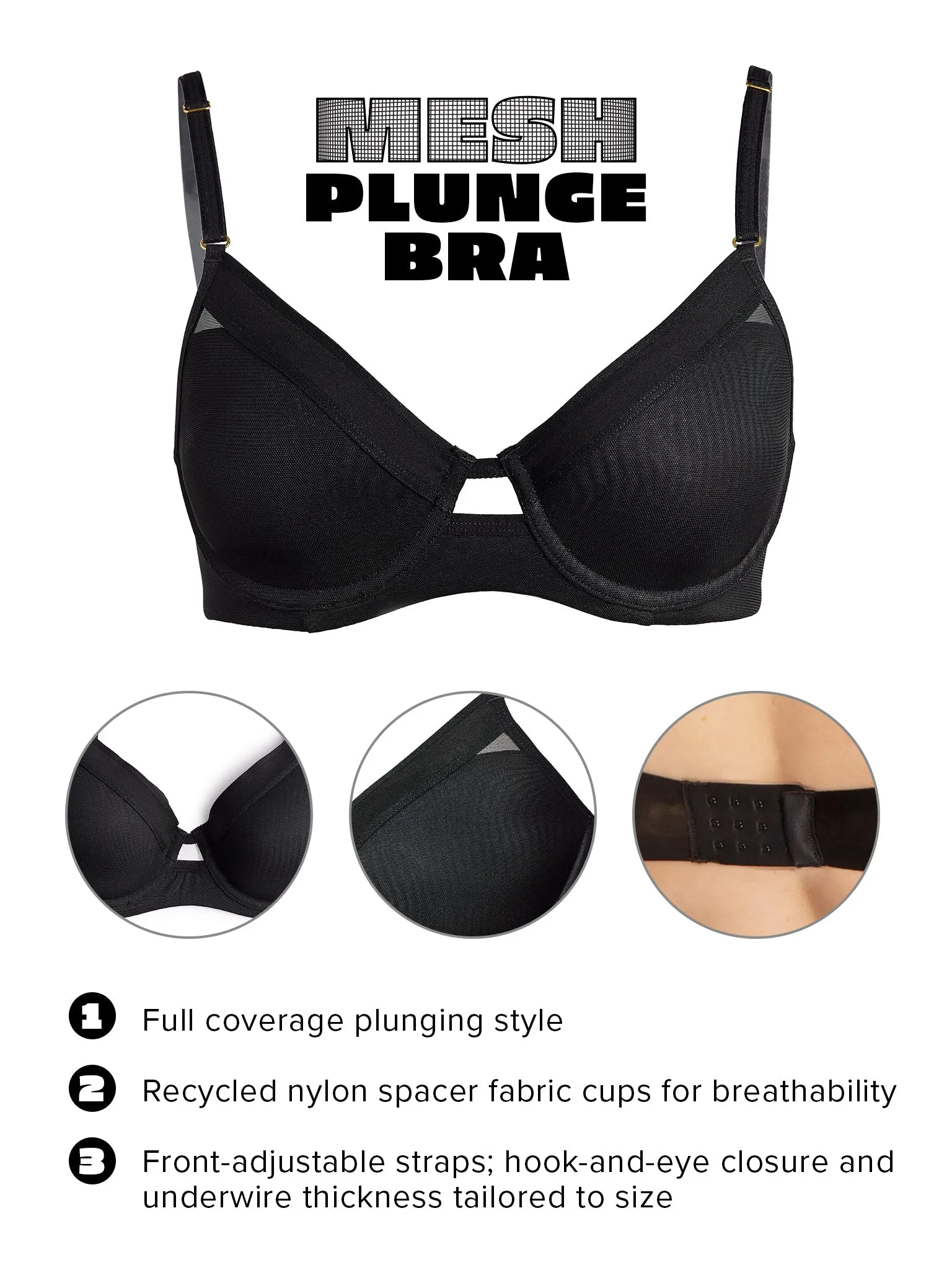 Lined Mesh Plunge Bra Black
