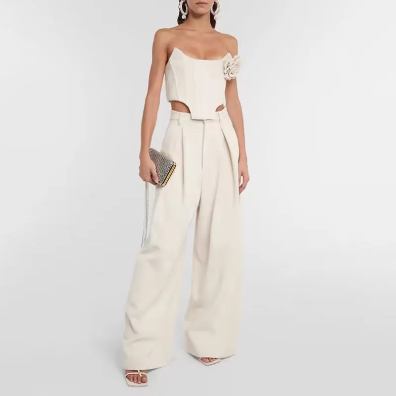 Loose Boning Corset Cropped Top Pants Two Piece Set