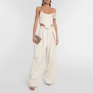 Loose Boning Corset Cropped Top Pants Two Piece Set