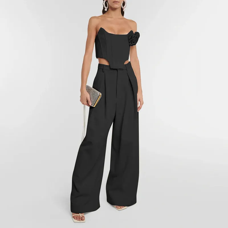 Loose Boning Corset Cropped Top Pants Two Piece Set
