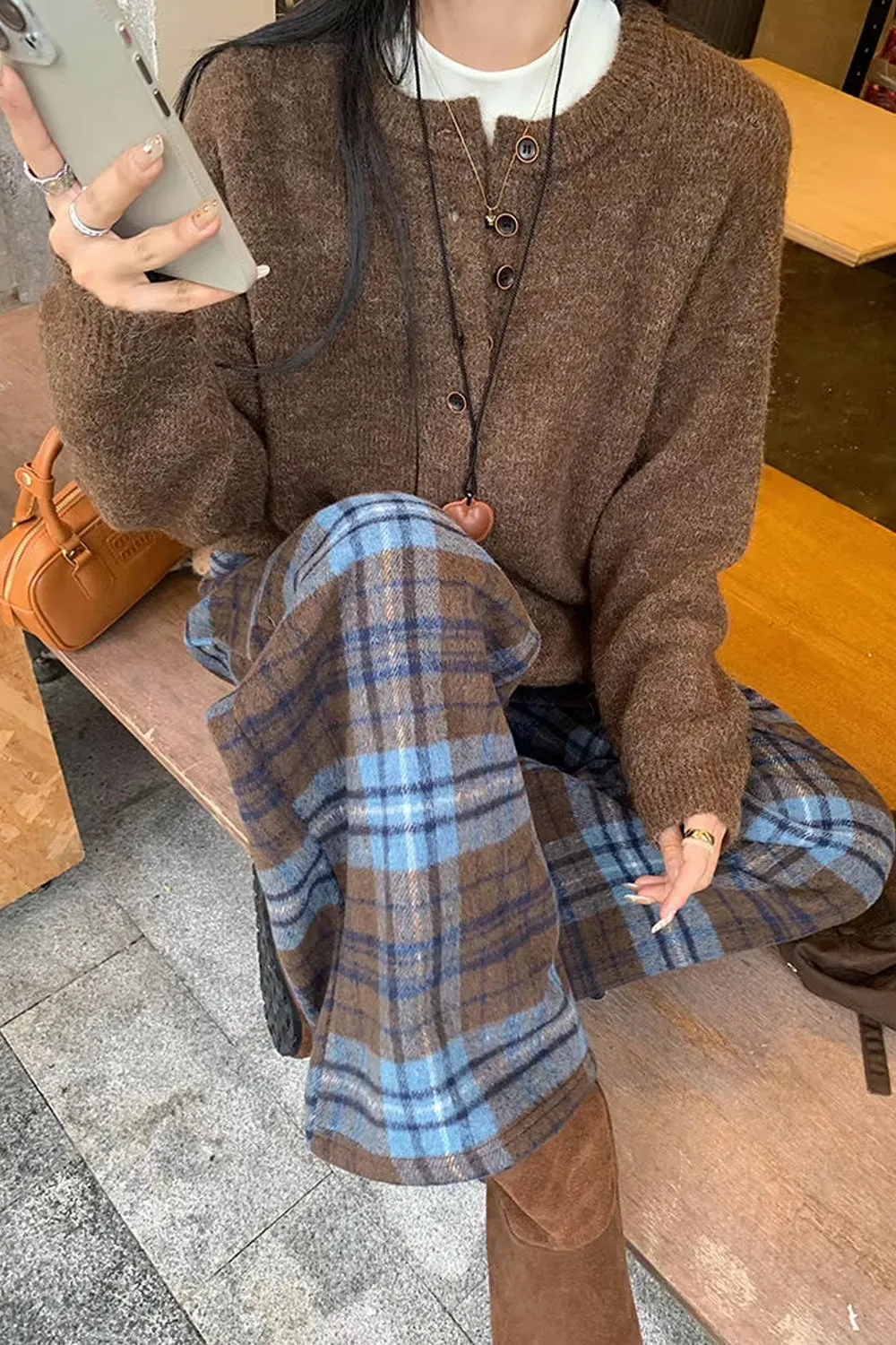 Loose Retro Blue Plaid Wide Leg Pants