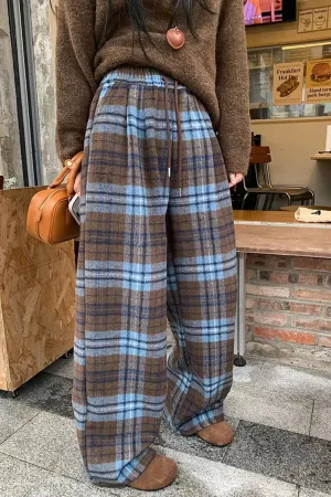 Loose Retro Blue Plaid Wide Leg Pants