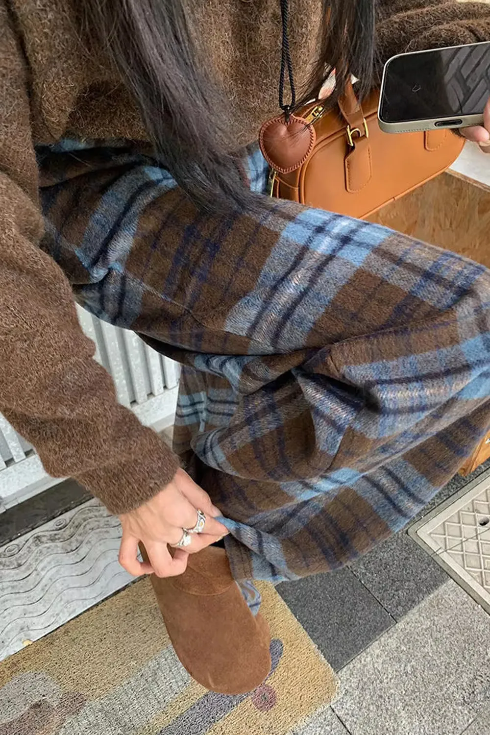 Loose Retro Blue Plaid Wide Leg Pants