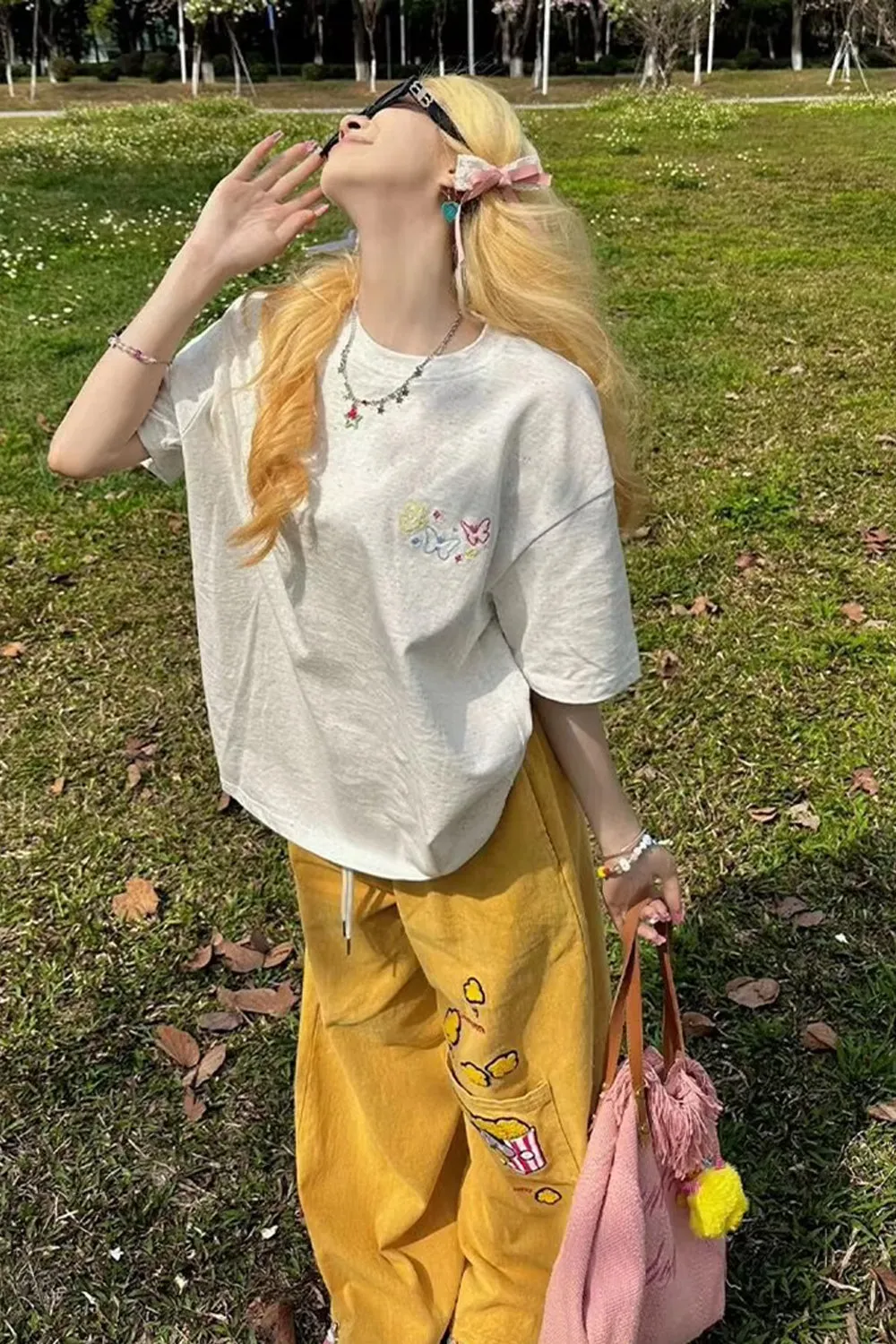 Loose Wide Leg Pop Corn Embroidered Pants
