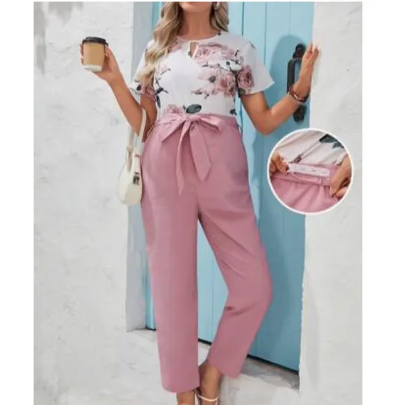 Maternity Keyhole Neckline Floral Top And Adjustable Waist Loose Pants Set