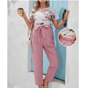 Maternity Keyhole Neckline Floral Top And Adjustable Waist Loose Pants Set