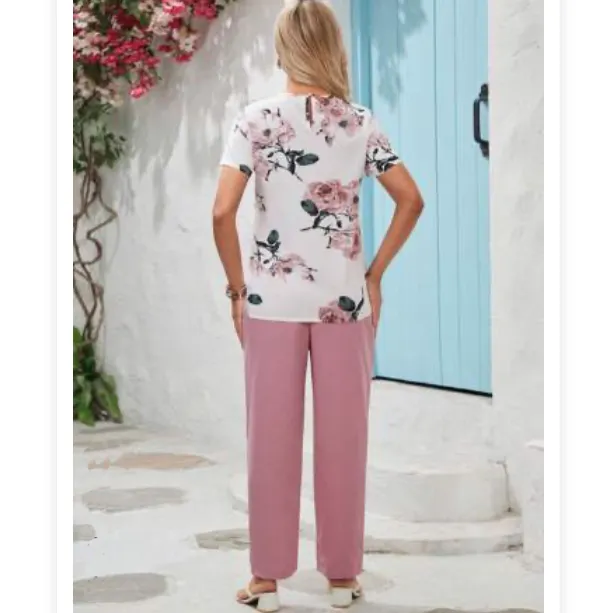 Maternity Keyhole Neckline Floral Top And Adjustable Waist Loose Pants Set