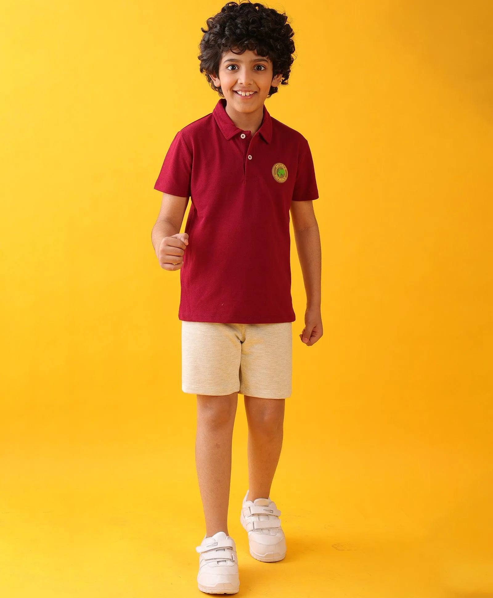 MEHROON POLO ECRU MELANGE SUMMER SHORTS SET - MEHROON/ECRU