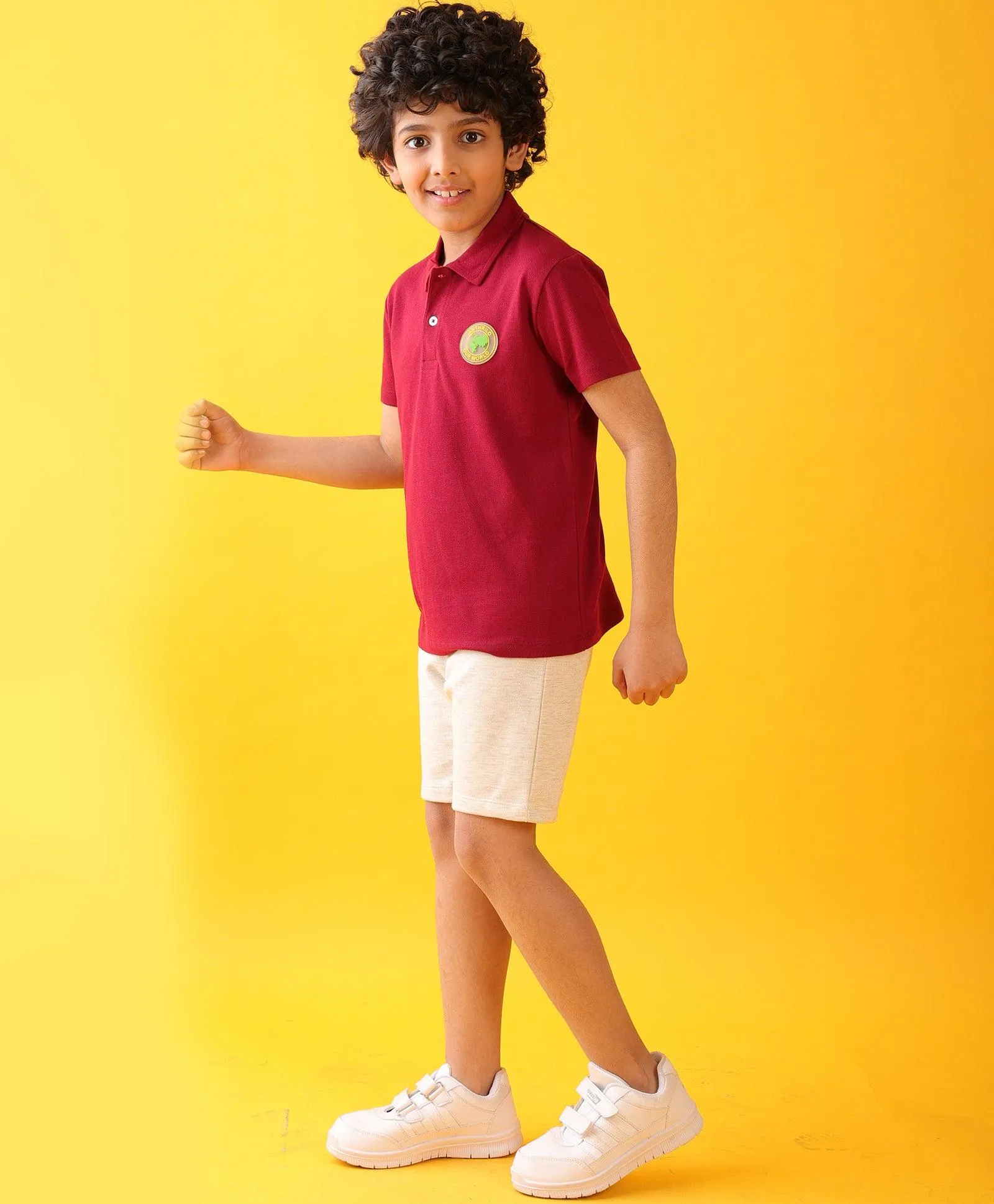 MEHROON POLO ECRU MELANGE SUMMER SHORTS SET - MEHROON/ECRU
