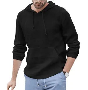 Men'S Cotton and Linen Pullover Long Sleeved Hooded T Shirt