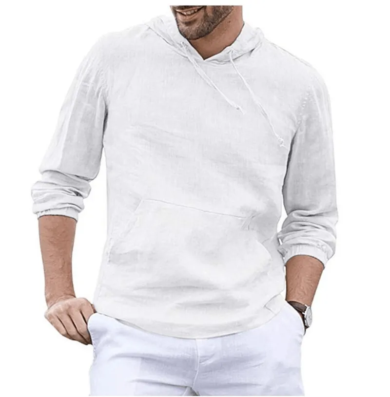 Men'S Cotton and Linen Pullover Long Sleeved Hooded T Shirt