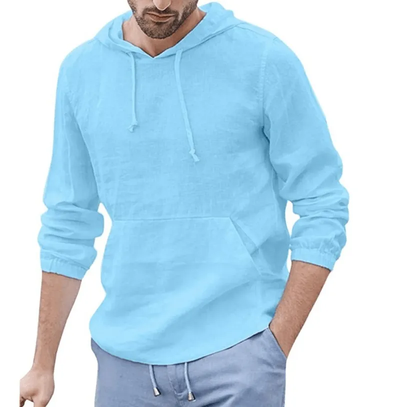 Men'S Cotton and Linen Pullover Long Sleeved Hooded T Shirt
