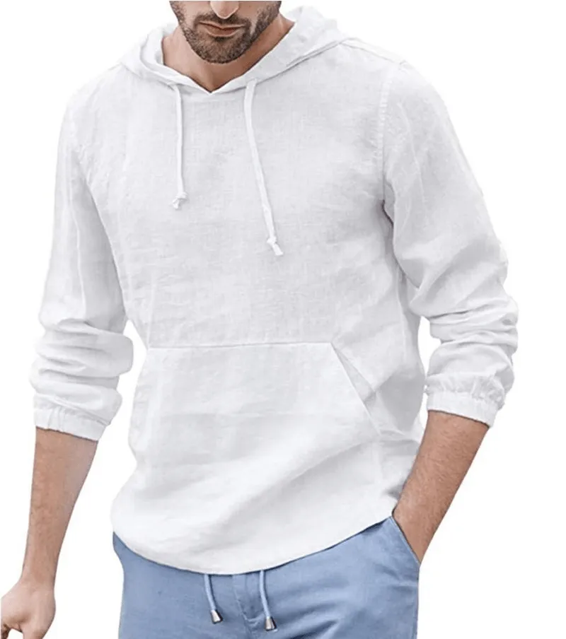 Men'S Cotton and Linen Pullover Long Sleeved Hooded T Shirt