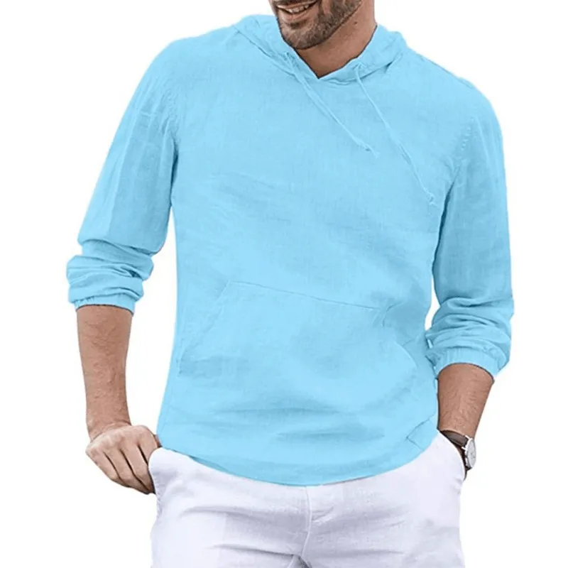 Men'S Cotton and Linen Pullover Long Sleeved Hooded T Shirt