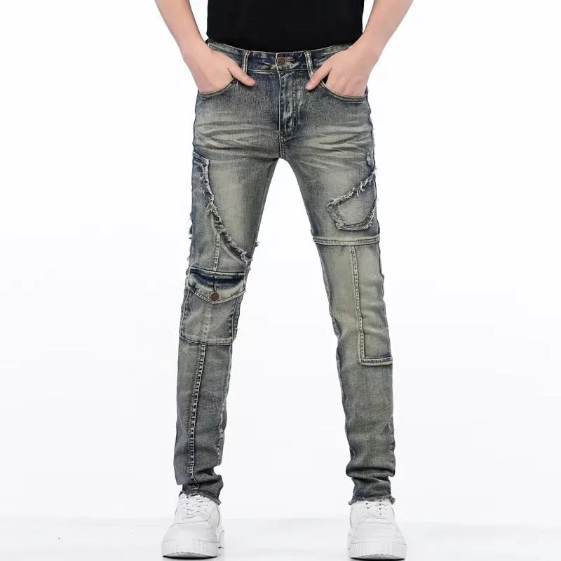 Men's Distressed Ripped Stitching Stretch Jeans.