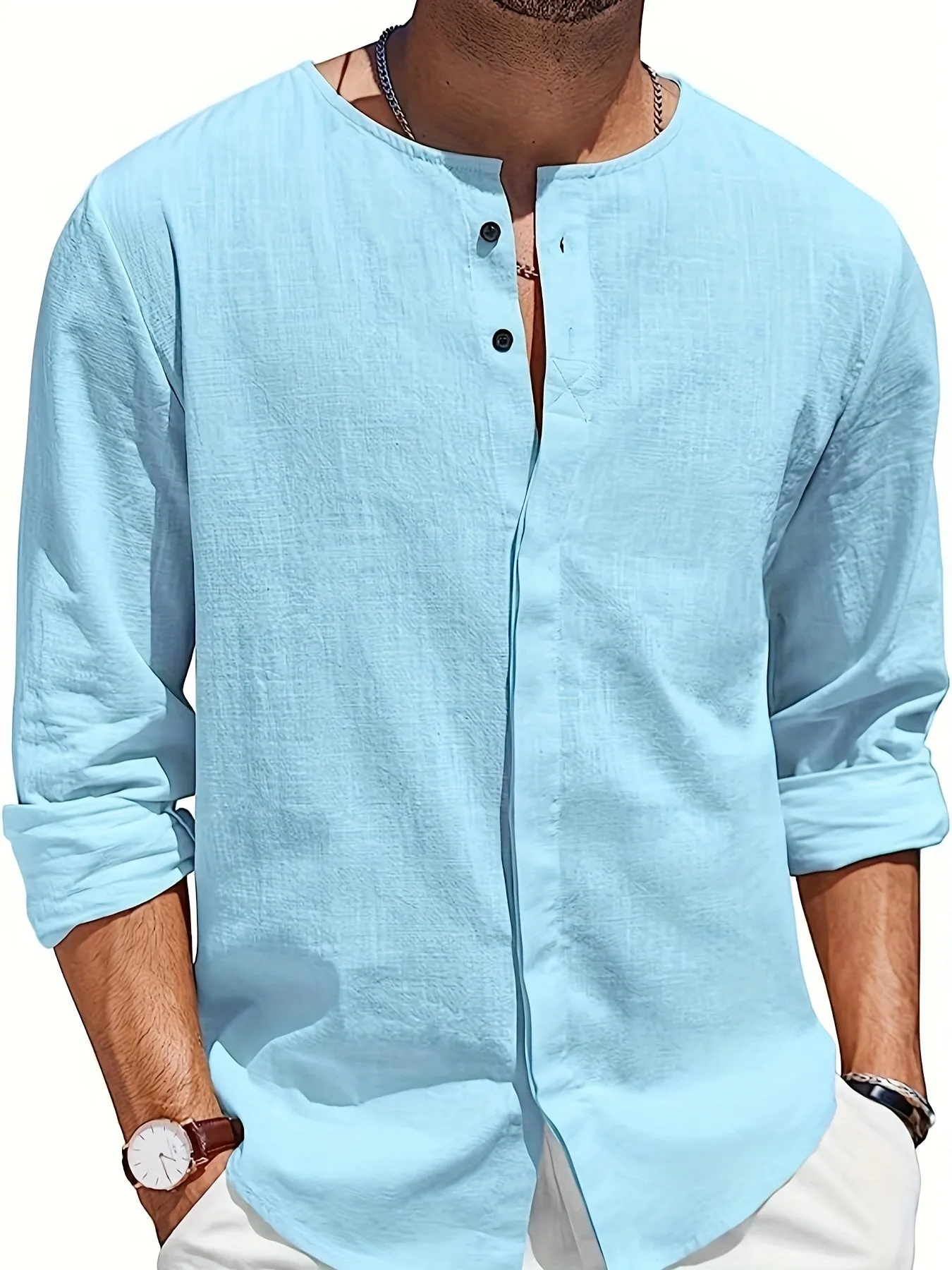 Men's Stylish Long Sleeve Henley Button-Up Shirt