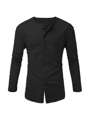 Men's Stylish Long Sleeve Henley Button-Up Shirt