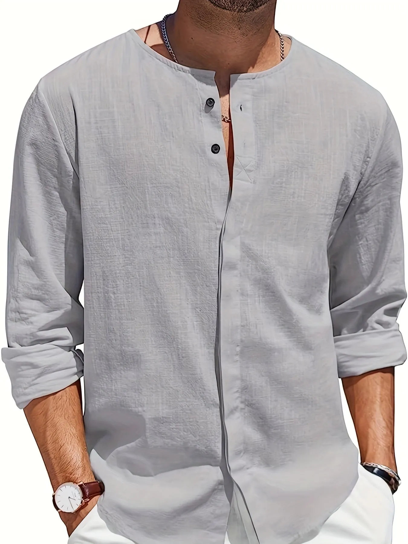 Men's Stylish Long Sleeve Henley Button-Up Shirt