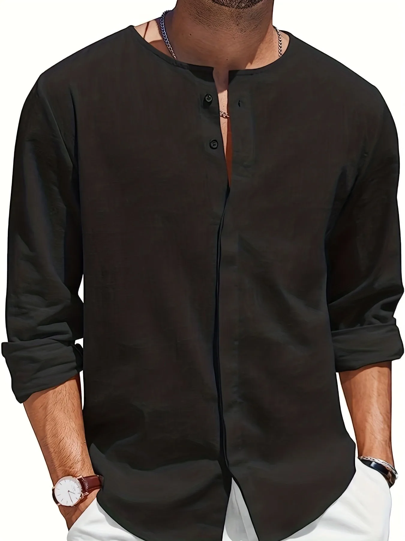 Men's Stylish Long Sleeve Henley Button-Up Shirt