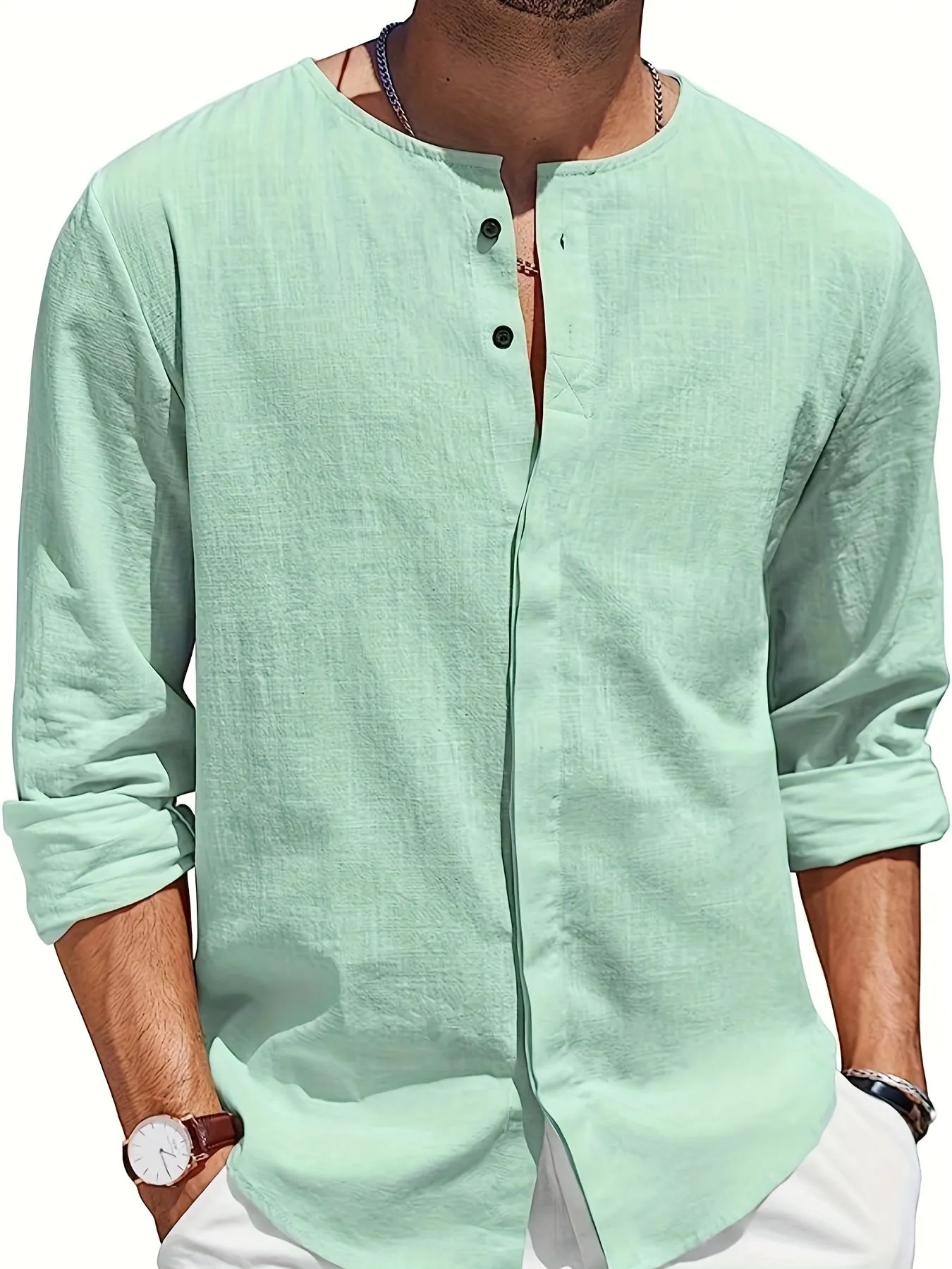 Men's Stylish Long Sleeve Henley Button-Up Shirt