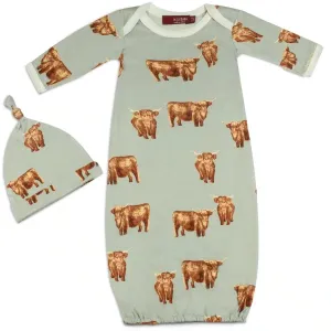 Milkbarn Highland Cow Bamboo Newborn Gown & Hat Set