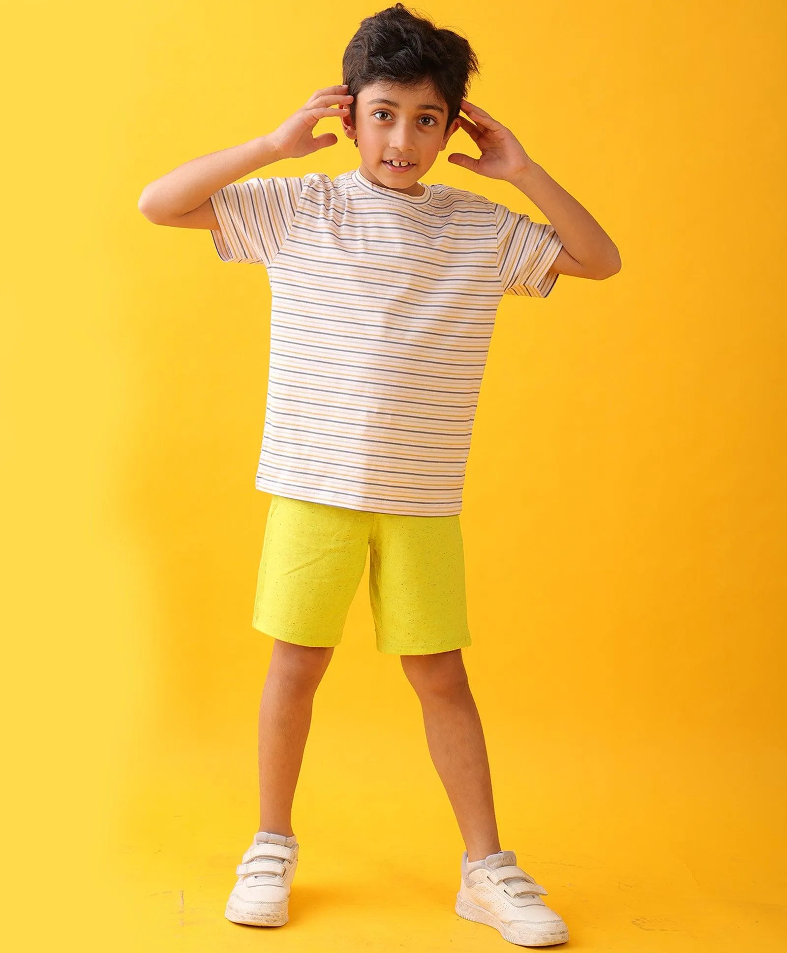 MUSTARD THIN STRIPE LIME SUMMER SHORTS SET - WHITE.LIME