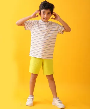 MUSTARD THIN STRIPE LIME SUMMER SHORTS SET - WHITE.LIME