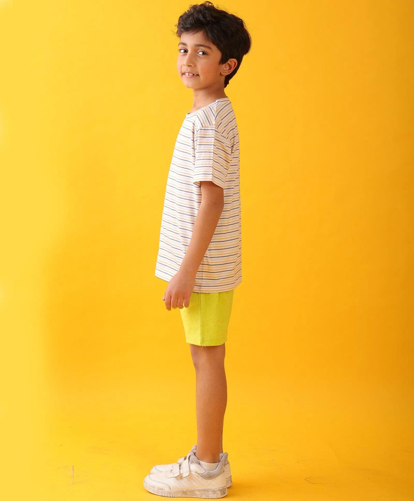 MUSTARD THIN STRIPE LIME SUMMER SHORTS SET - WHITE.LIME