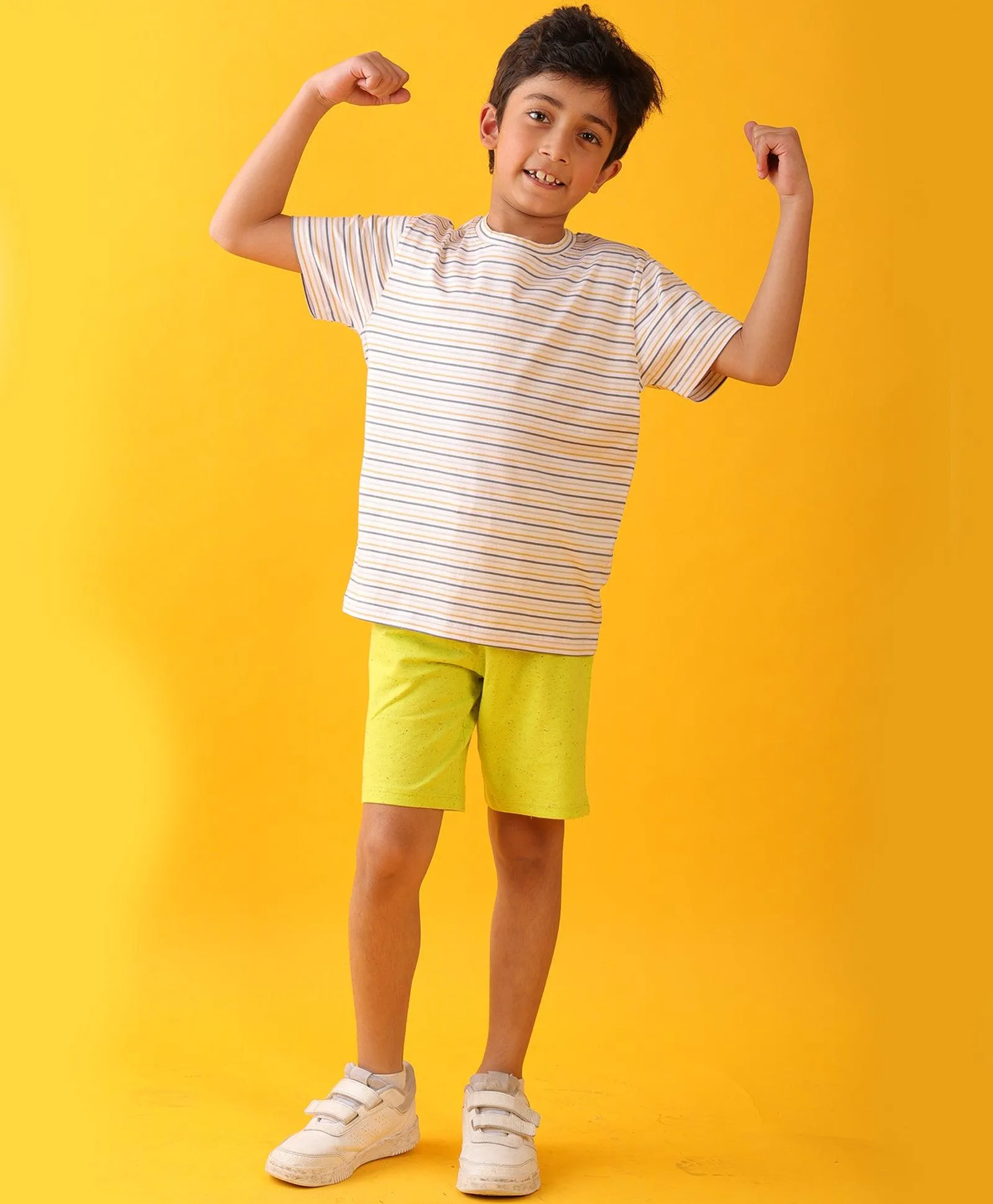 MUSTARD THIN STRIPE LIME SUMMER SHORTS SET - WHITE.LIME