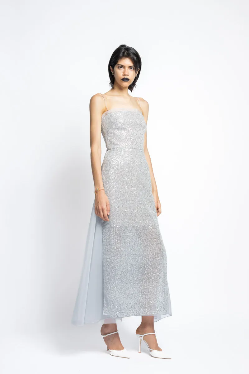Nailhead Hand Embroidered Sequins And Organza Cocktail Dress