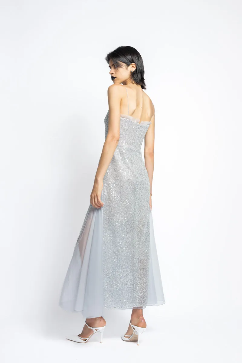 Nailhead Hand Embroidered Sequins And Organza Cocktail Dress