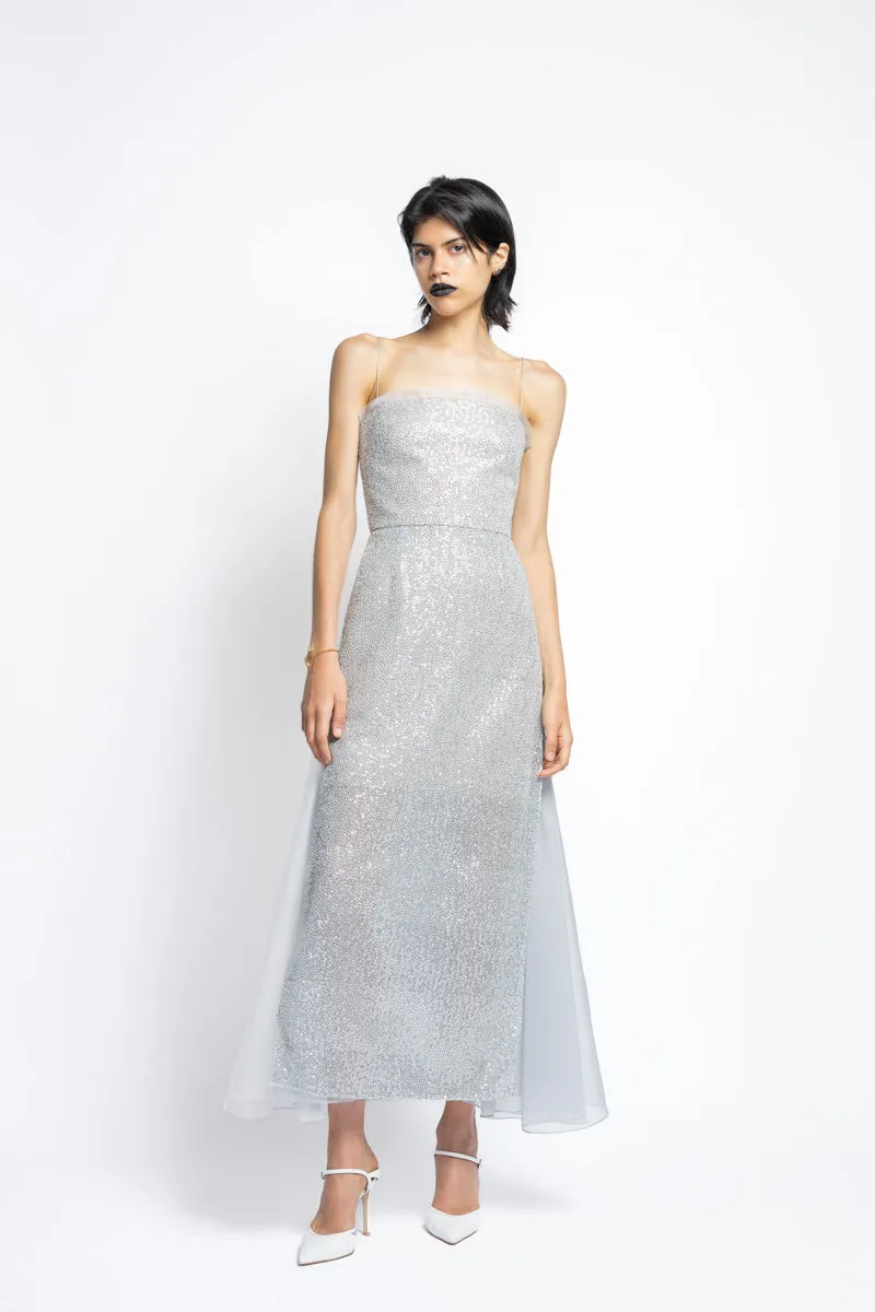 Nailhead Hand Embroidered Sequins And Organza Cocktail Dress