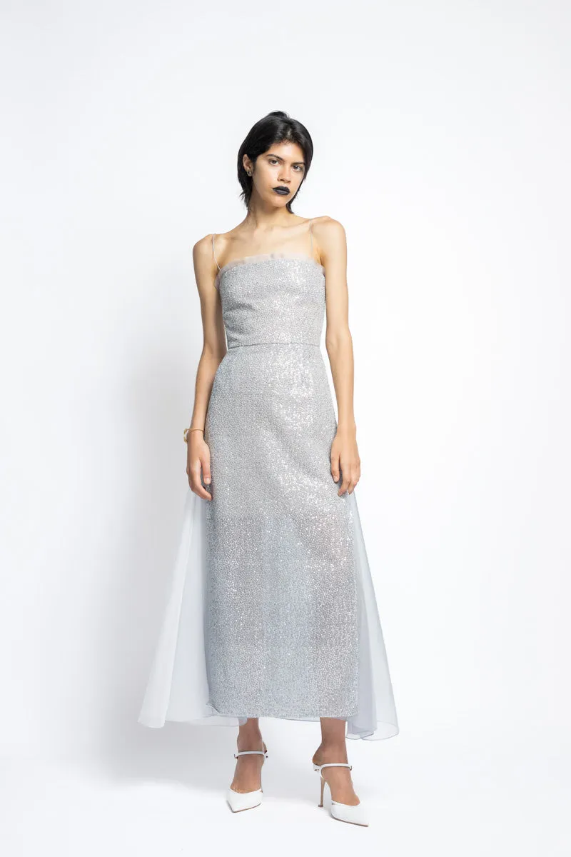 Nailhead Hand Embroidered Sequins And Organza Cocktail Dress
