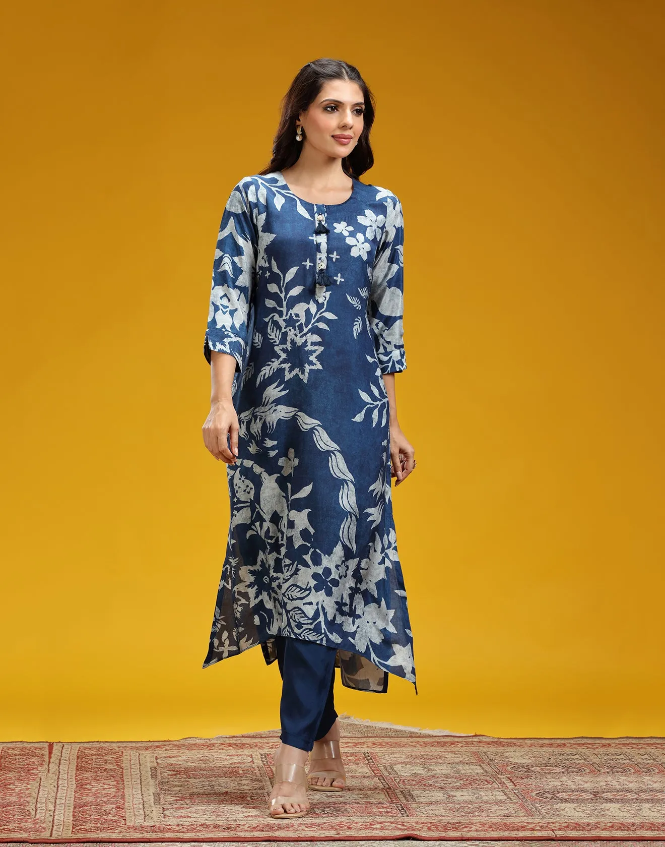 Navy Blue And White Printed Casual Kurti And Pant Set