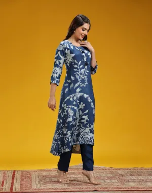 Navy Blue And White Printed Casual Kurti And Pant Set
