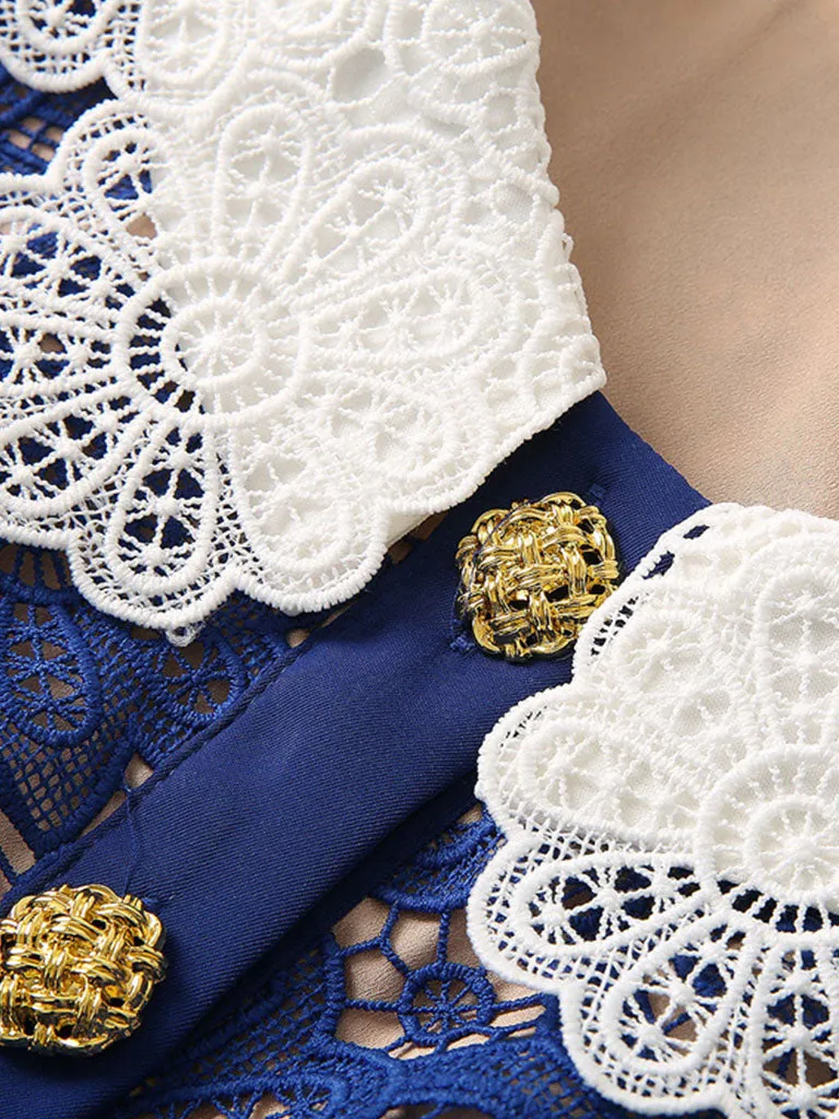 Navy Lace Peter Pan Collar Short Sleeve 1950S Vintage Dress With Golden Button