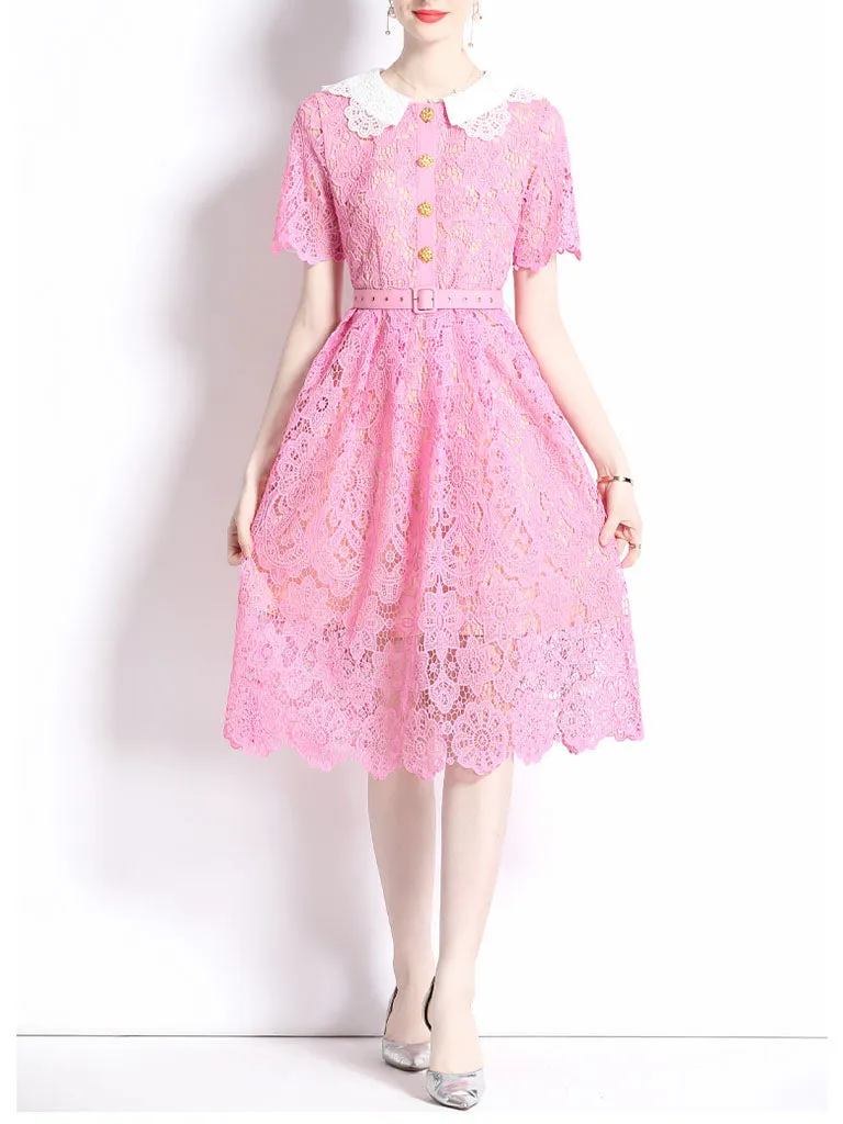 Navy Lace Peter Pan Collar Short Sleeve 1950S Vintage Dress With Golden Button