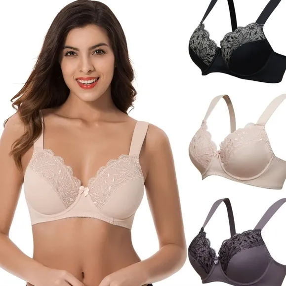 NEW Set of 3 Plus Size Unlined Minimizer Wirefree Bras with Embroidery Lace 38G