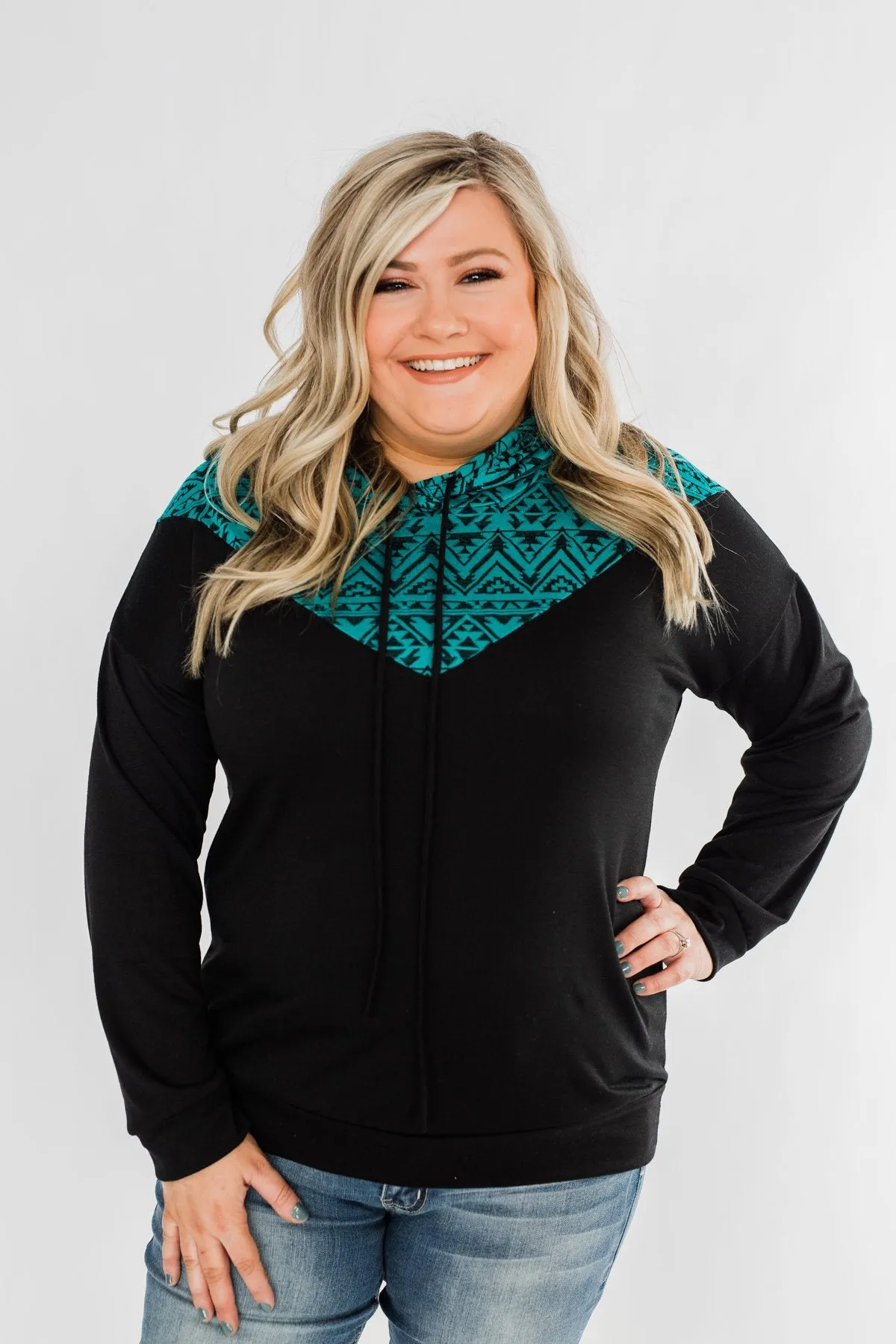 Nice To Meet You Aztec Hoodie- Black & Turquoise