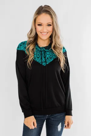 Nice To Meet You Aztec Hoodie- Black & Turquoise